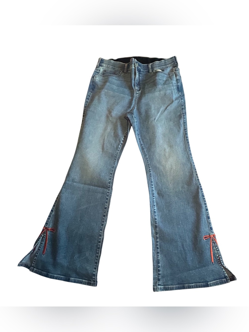 Women's Blue Flared Jeans with Red Side-Tie Accents